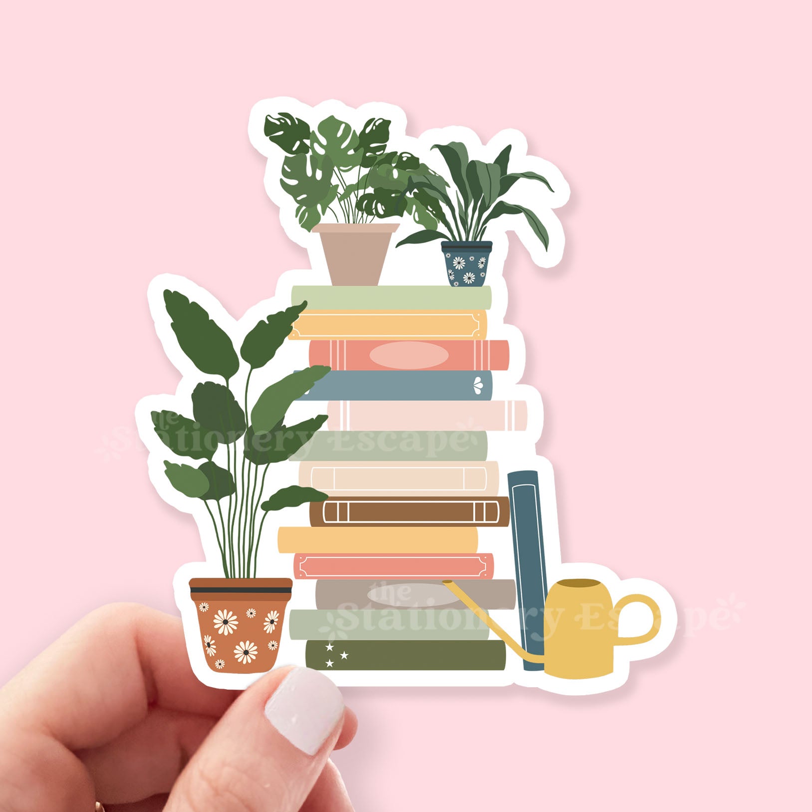 Sticker of books and plants on a pink background