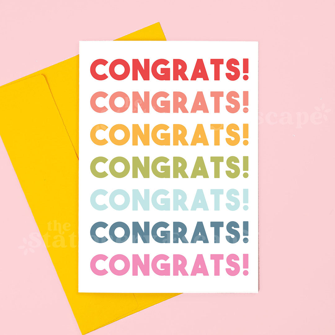 Greeting card with rainbow repeated "Congrats!" text with yellow envelope
