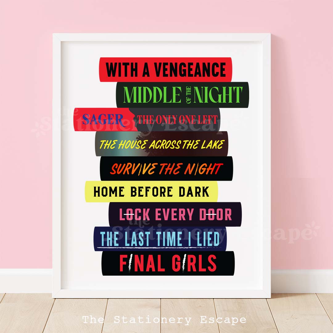 Framed book stack art print featuring the spines and titles of thriller and mystery novels by Riley Sager. 