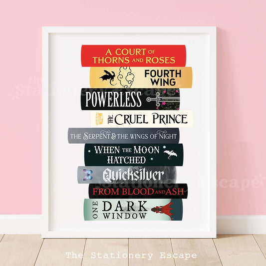 Framed colorful book stack art print featuring popular Romantasy titles by various authors. 