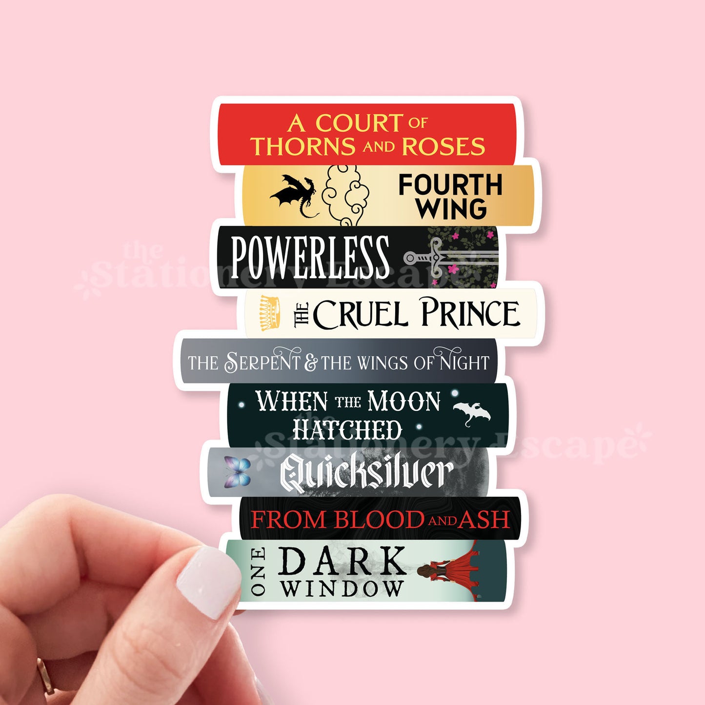Stack of popular romantasy book title stickers on a pink background