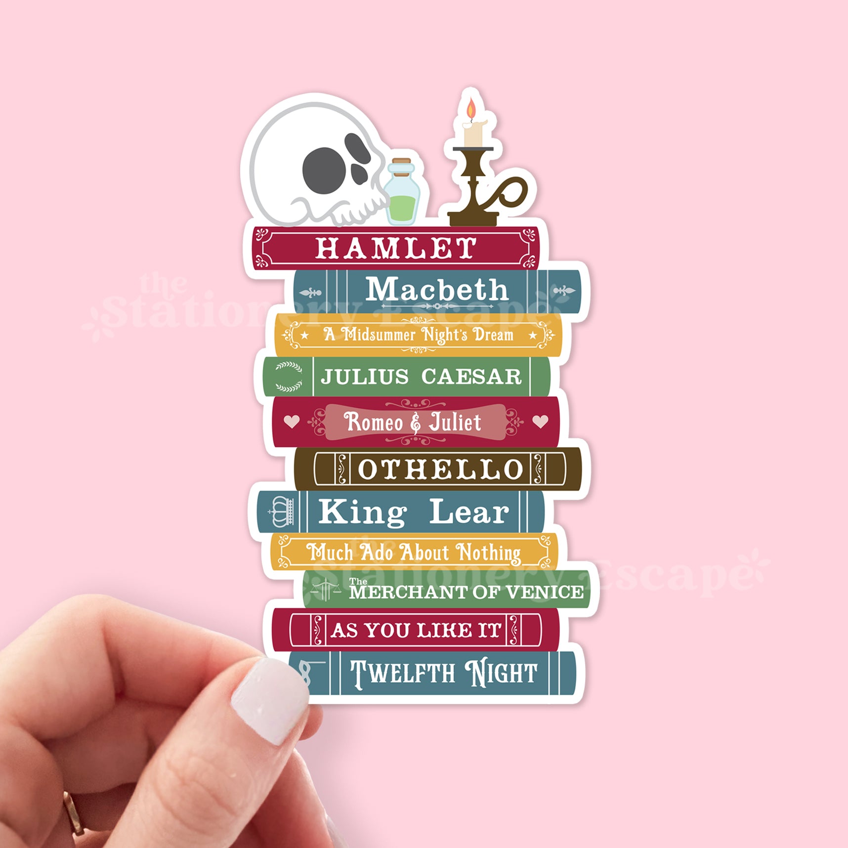 Book stack sticker with Shakespeare play titles on a pink background