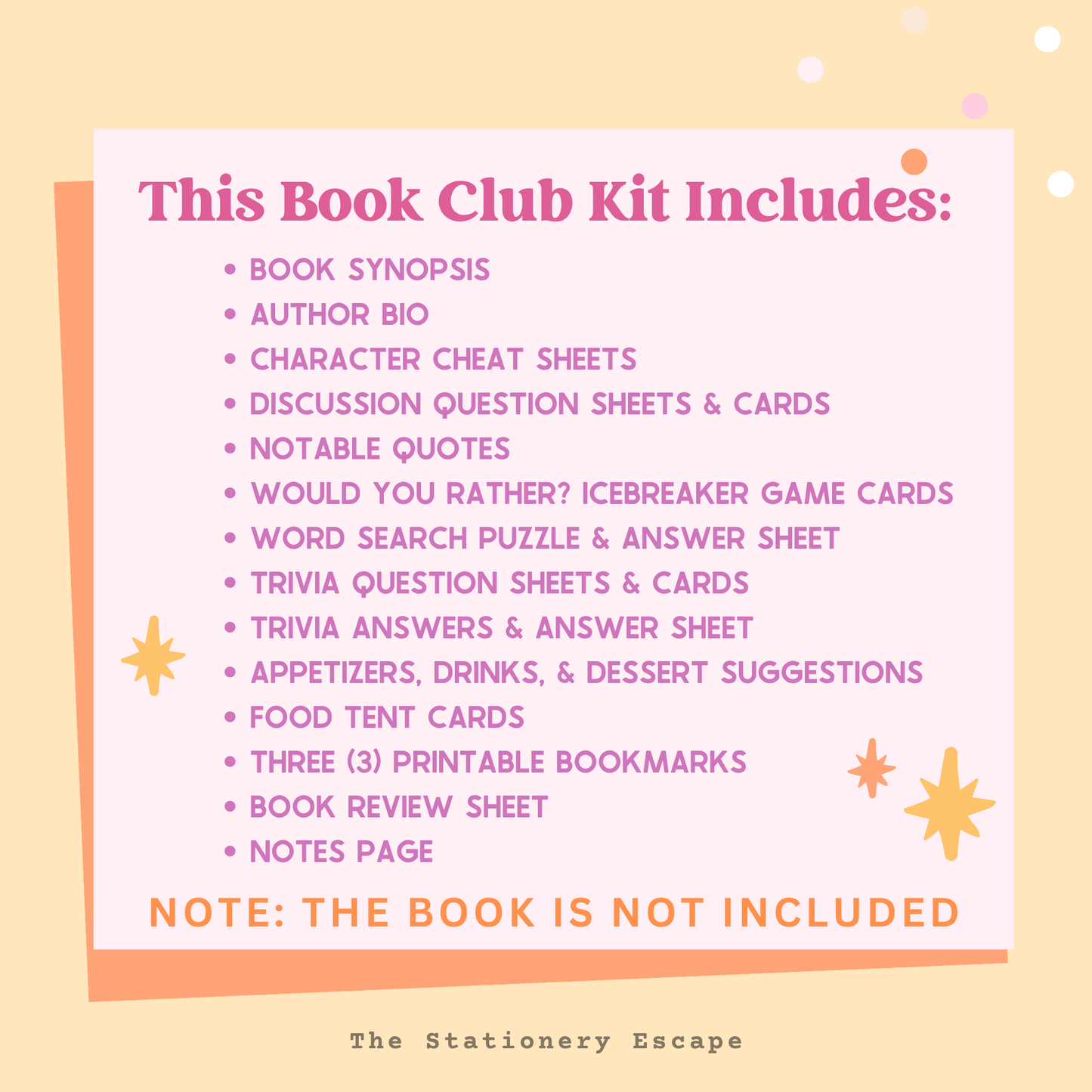 List of items included in a book club kit on a yellow background with star decorations.