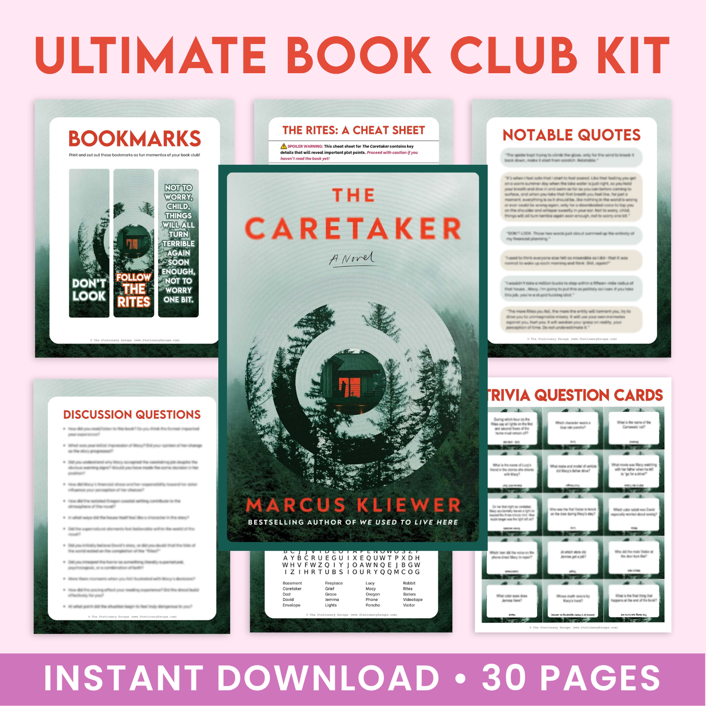 Ultimate Book Club Kit for 'The Caretaker' by Marcus Kliwer with various book club materials on a pink background.