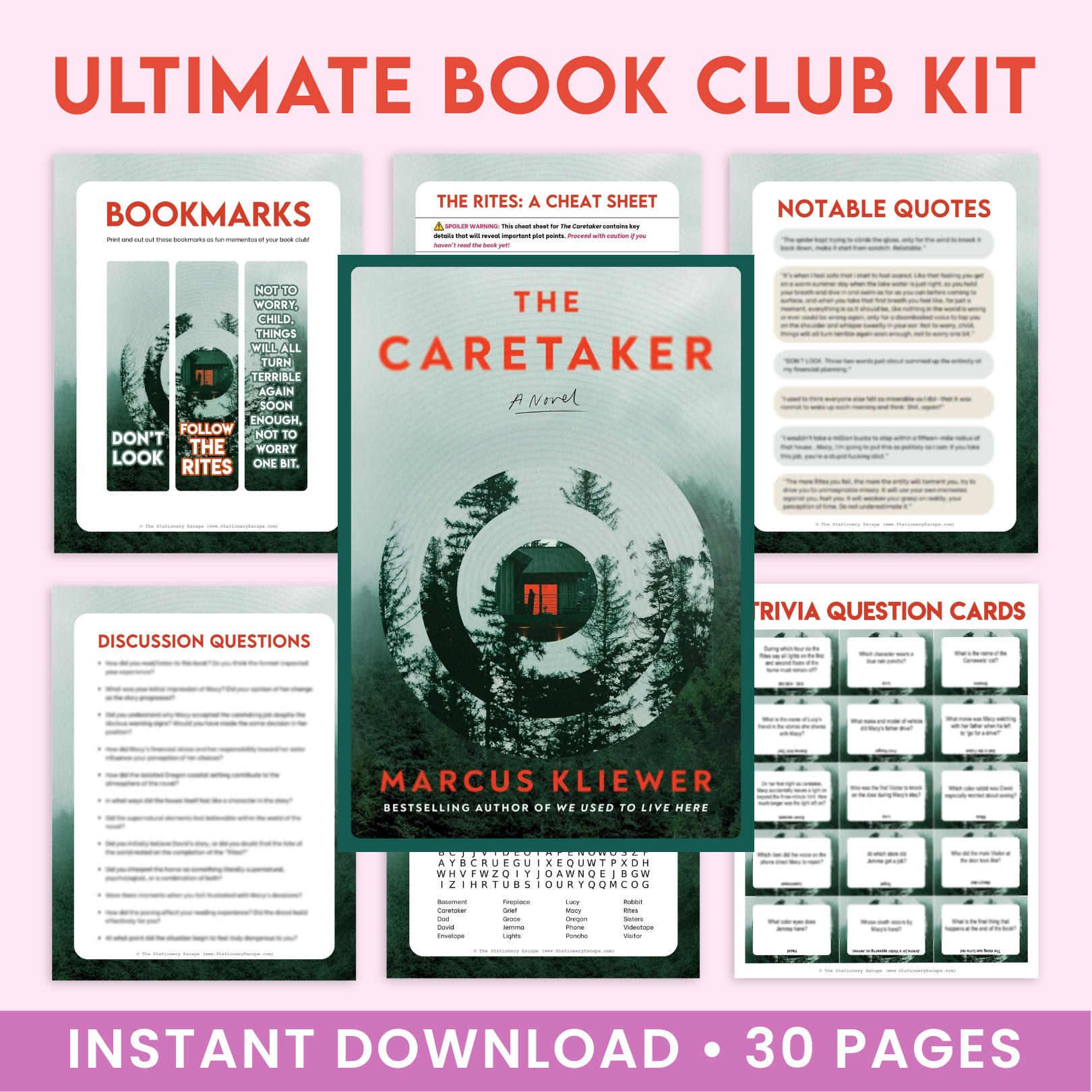 Ultimate Book Club Kit for 'The Caretaker' by Marcus Kliwer with various book club materials on a pink background.