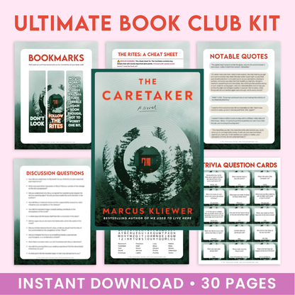 Ultimate Book Club Kit for 'The Caretaker' by Marcus Kliwer with various book club materials on a pink background.