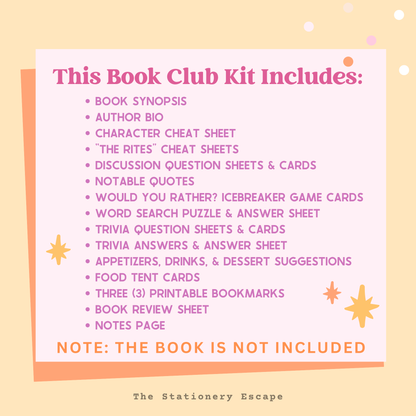 List of items included in a book club kit on a yellow background with star decorations.