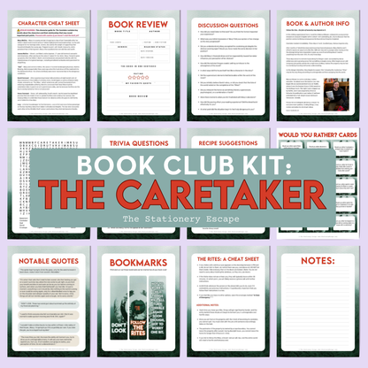 Collection of book club kit pages for 'The Caretaker' by The Stationery Escape on a light purple background.