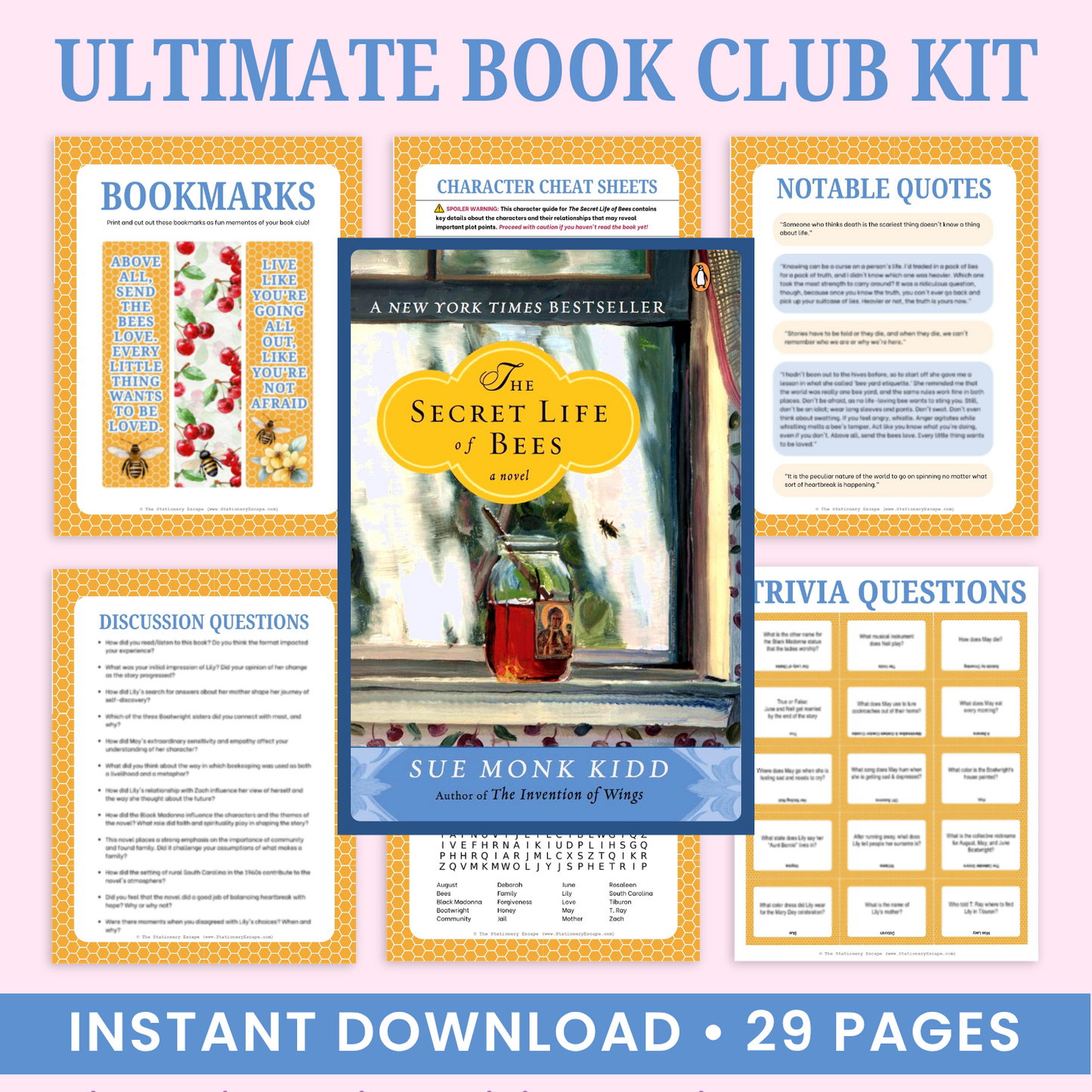 Ultimate Book Club Kit digital download cover featuring a central copy of The Secret Life of Bees book, surrounded by sample pages for bookmarks, character cheat sheets, notable quotes, discussion questions, trivia questions, and would you rather cards, all on a light pink background with blue title text.