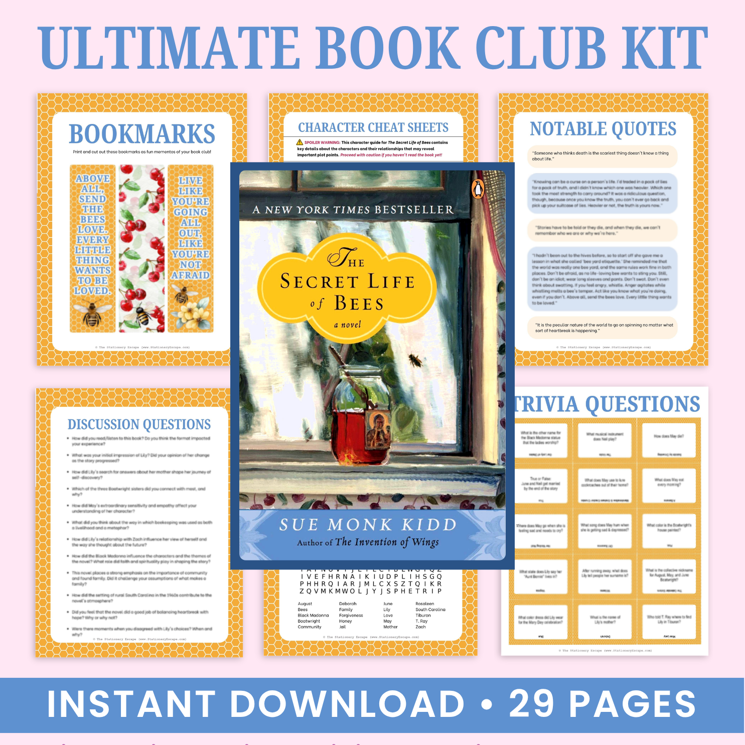 Ultimate Book Club Kit digital download cover featuring a central copy of The Secret Life of Bees book, surrounded by sample pages for bookmarks, character cheat sheets, notable quotes, discussion questions, trivia questions, and would you rather cards, all on a light pink background with blue title text.
