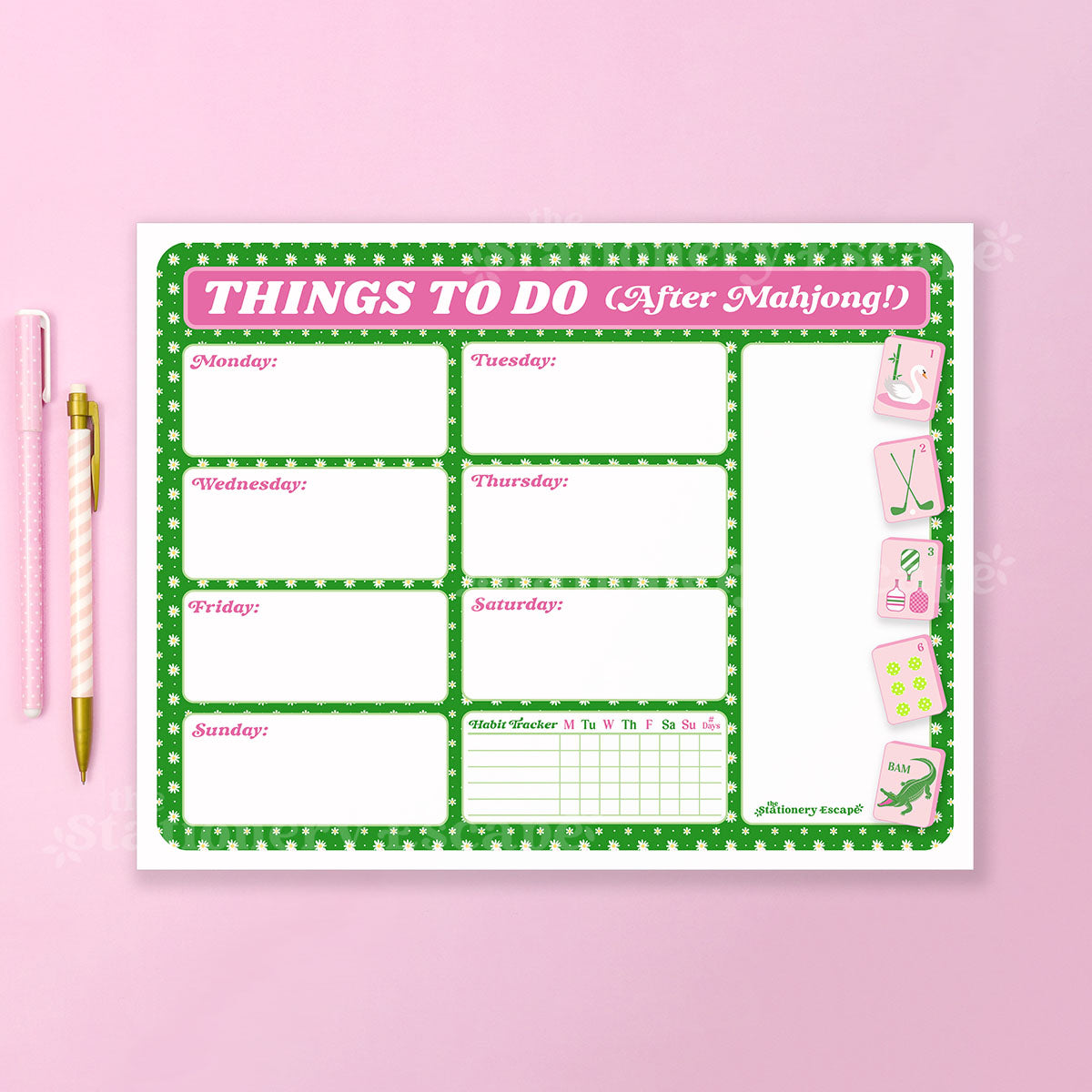 Weekly planner sheet titled 'Things to Do (After Mahjong!钦)' on a pink background with a pen.
