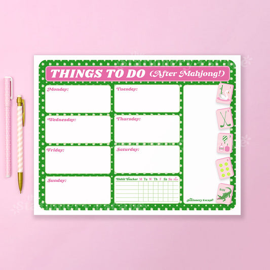 Weekly planner sheet titled 'Things to Do (After Mahjong!钦)' on a pink background with a pen.
