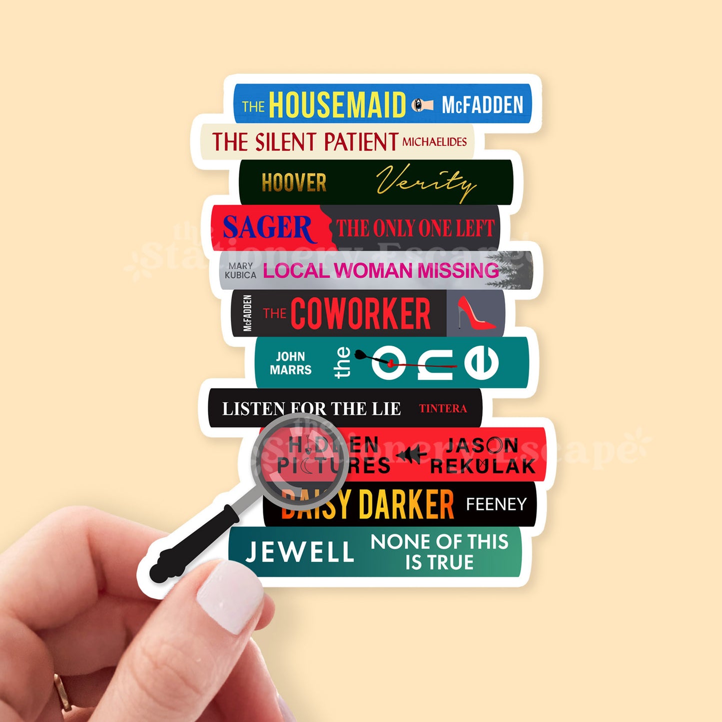 Stack of popular thriller books with author names and a magnifying glass on a beige background