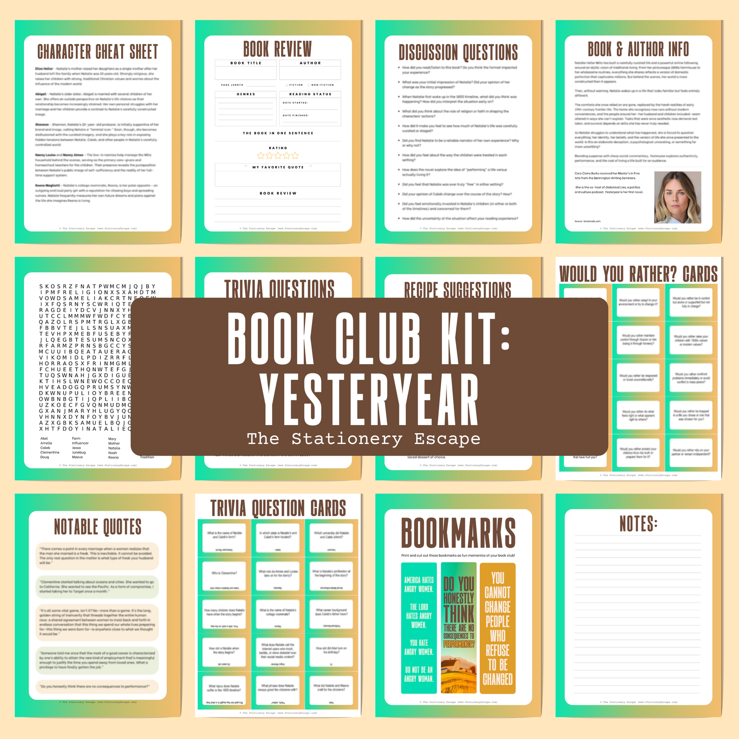 Collection of book club kit components with various forms and cards on a beige background.