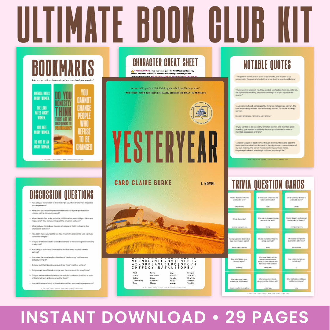 Ultimate Book Club Kit for 'Yesteryear' by Caro Claire Burke with various book club materials on a colorful background.