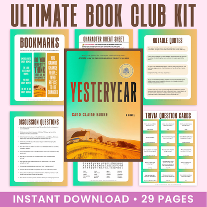 Ultimate Book Club Kit for 'Yesteryear' by Caro Claire Burke with various book club materials on a colorful background.