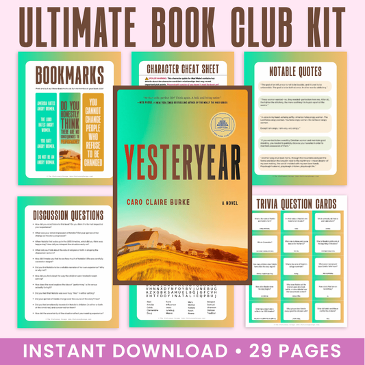 Ultimate Book Club Kit for 'Yesteryear' by Caro Claire Burke with various book club materials on a colorful background.