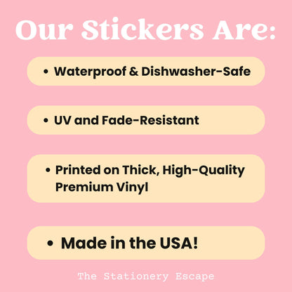 List of sticker features on a pink background with 'The Stationery Escape' branding.