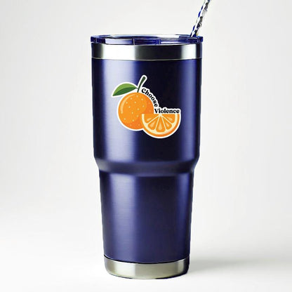Blue tumbler with orange design and 'Choose Violence' text on a white background