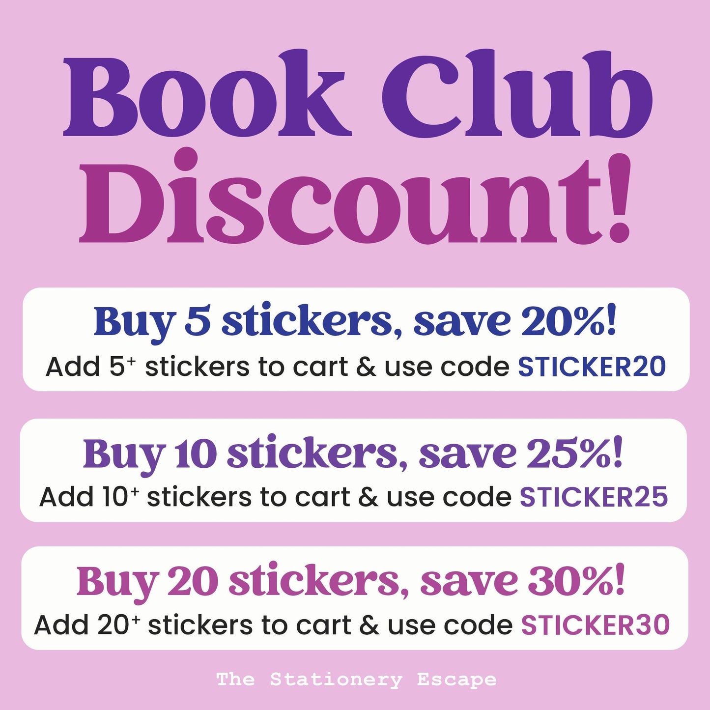 Promotional text for a book club discount on stickers with different savings based on quantity purchased.
