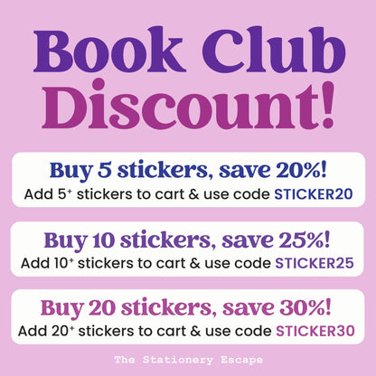 Promotional text for a book club discount on stickers with different savings based on quantity purchased.