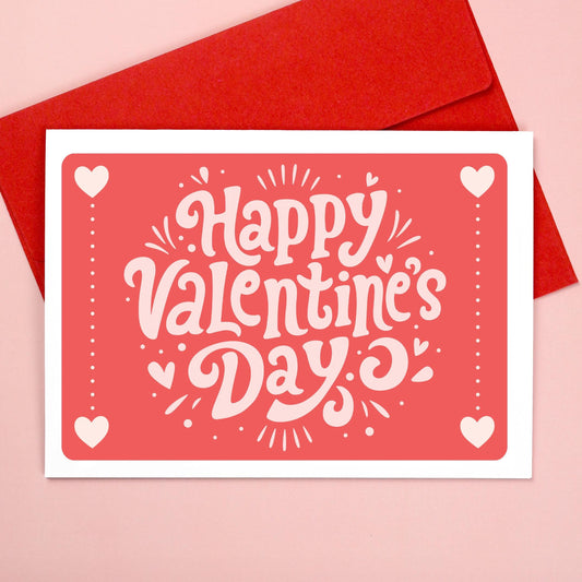 Valentine's Day card with 'Happy Valentine's Day' text on a red background