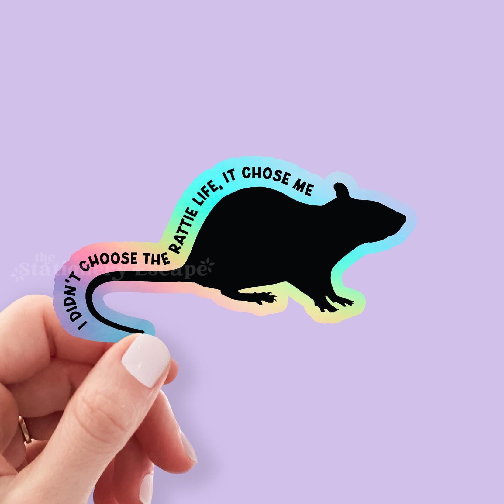 Sticker of a rat with "I didn't choose the rattie life, it chose me" text held by a hand against a purple background