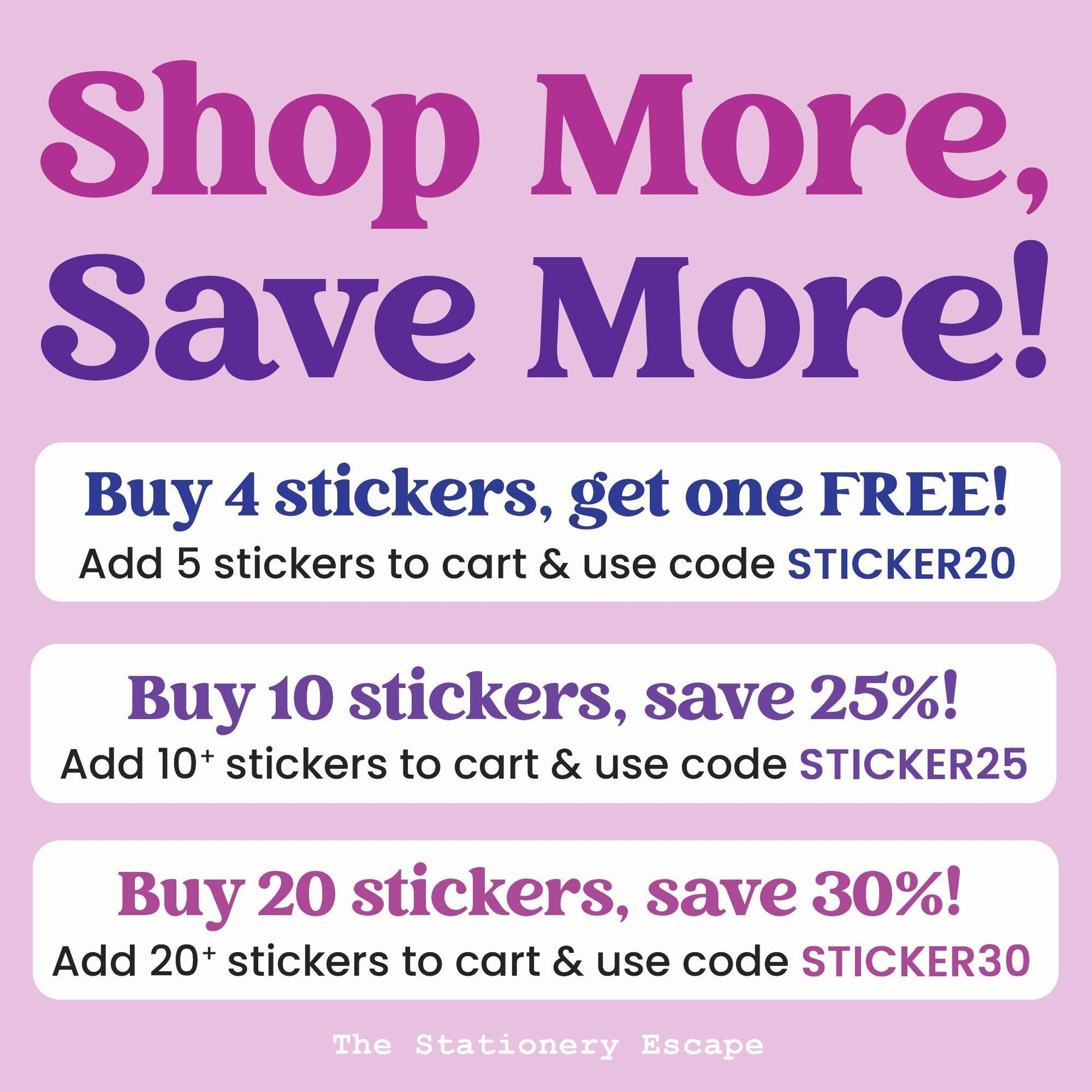 Promotional text on a pink background for buying stickers with discounts.