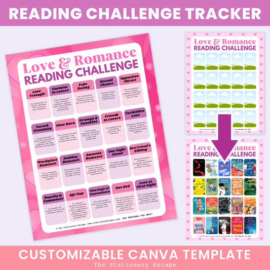Reading challenge tracker with customizable Canva template on a pink background