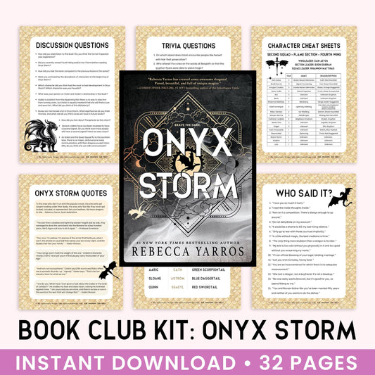 Book Club Kit for 'Onyx Storm' by Rebecca Yarros with various pages and a central cover.