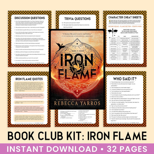 Book Club Kit for 'Iron Flame' by Rebecca Yarros with various sheets around the cover.