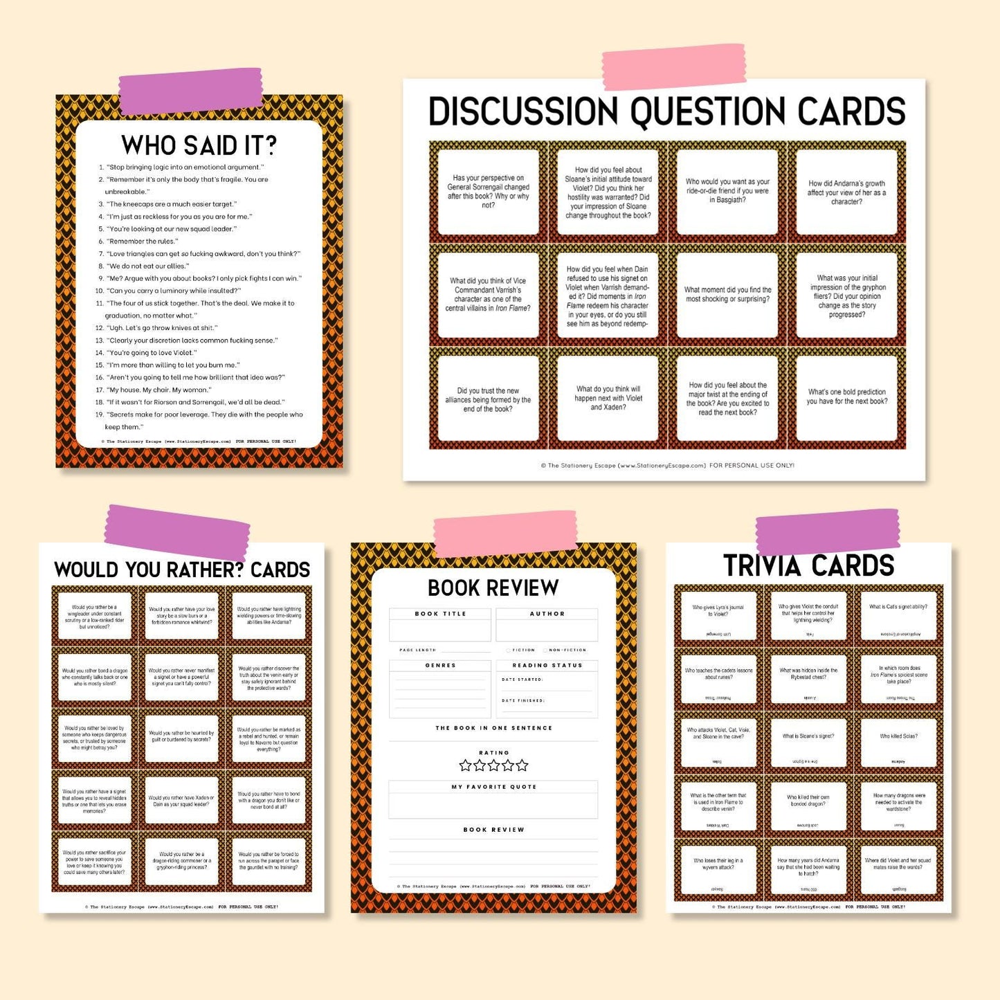 Collection of discussion question cards on a beige background