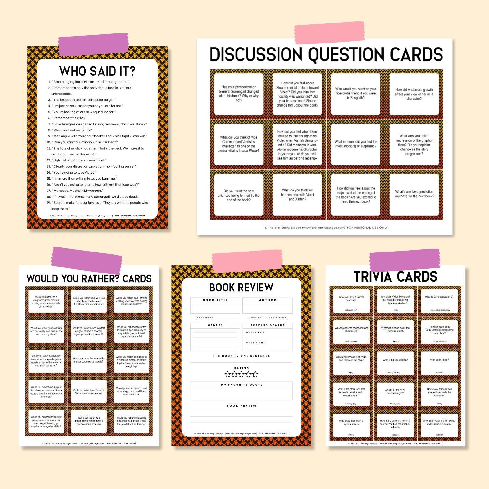 Collection of discussion question cards on a beige background