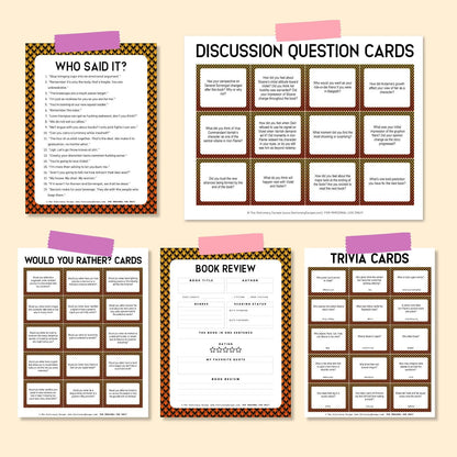 Collection of discussion question cards on a beige background