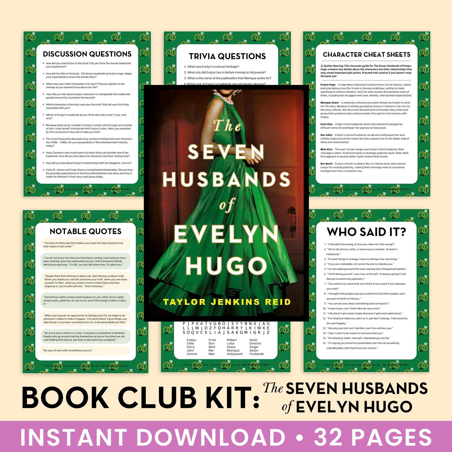 Book Club Kit for 'The Seven Husbands of Evelyn Hugo' by Taylor Jenkins Reid with discussion questions and character cheat sheets.