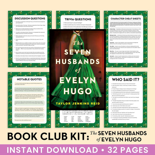 Book Club Kit for 'The Seven Husbands of Evelyn Hugo' by Taylor Jenkins Reid with discussion questions and character cheat sheets.