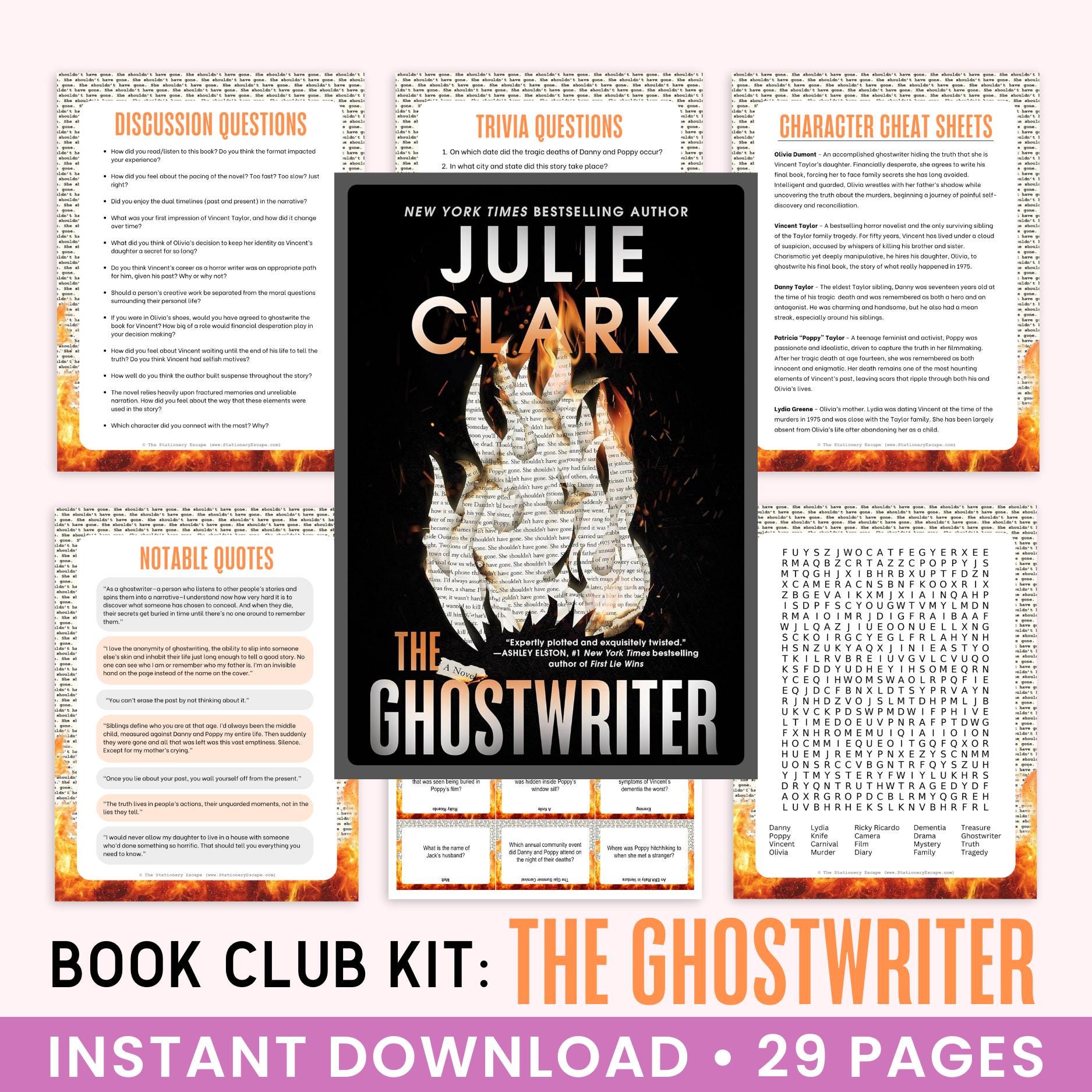 Book club kit for 'The Ghostwriter' by Julie Clark with cover and pages displayed.