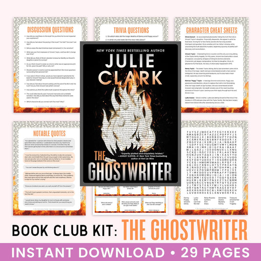 Book club kit for 'The Ghostwriter' by Julie Clark with cover and pages displayed.