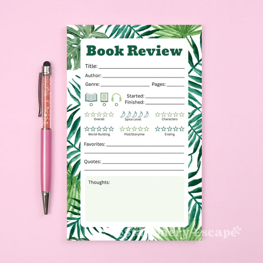 Book review notepad with tropical leaf design on a pink background