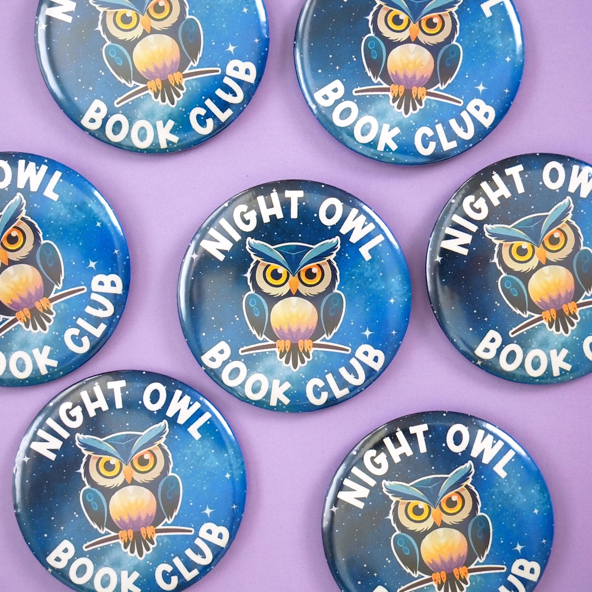 Buttons with owl design and 'Night Owl Book Club' text on a purple background