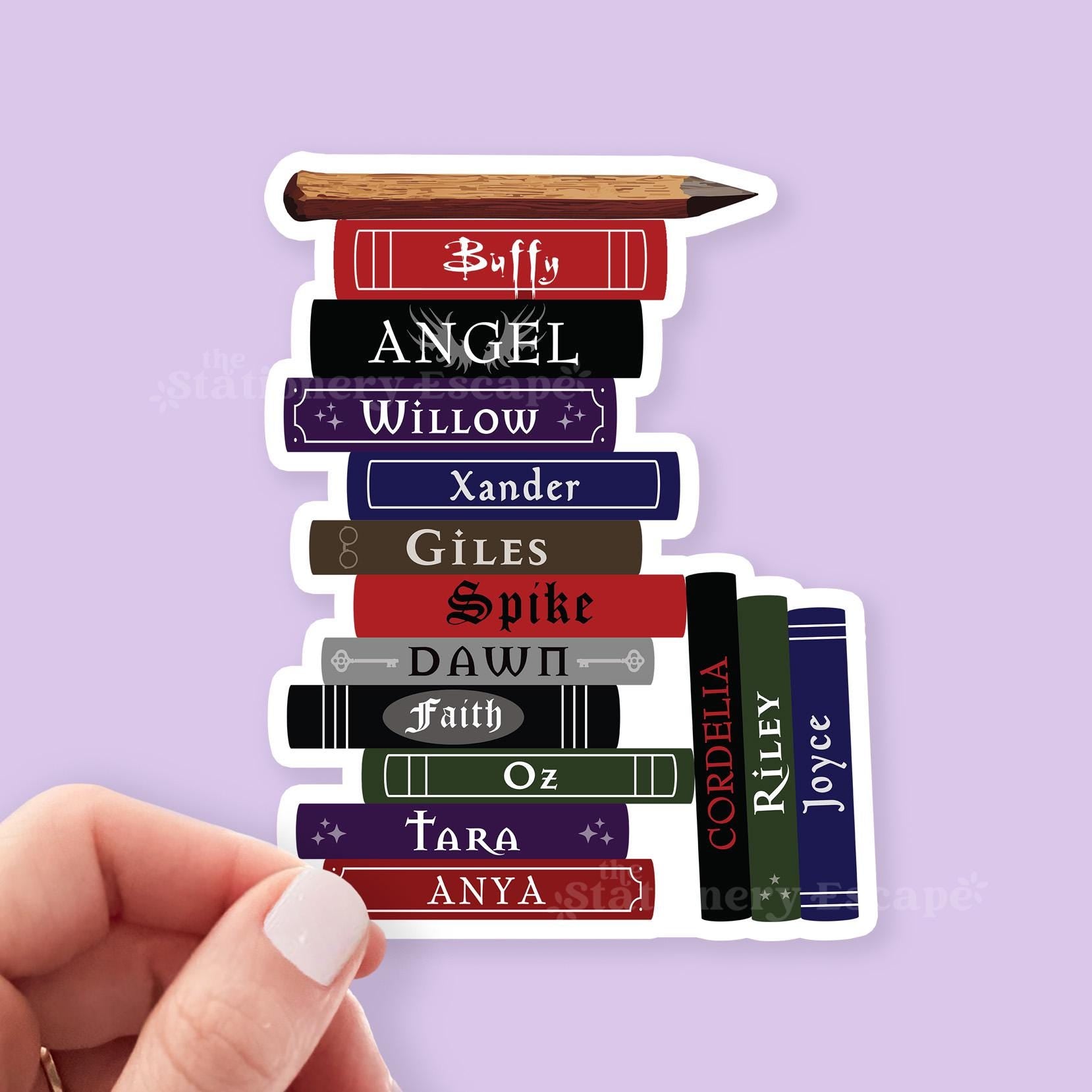 Sticker design with a stack of books with Buffy character names on a purple background