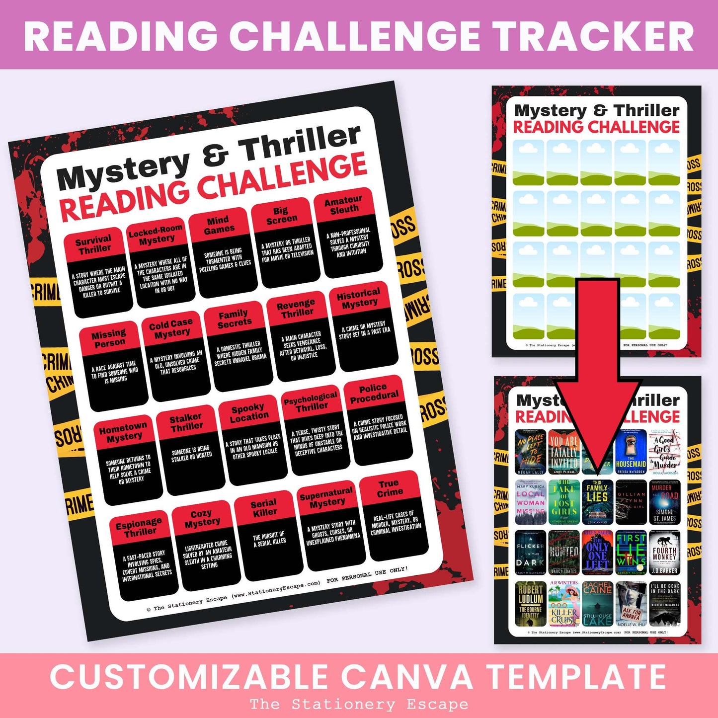 Reading challenge tracker for mystery and thriller books with customizable Canva template.