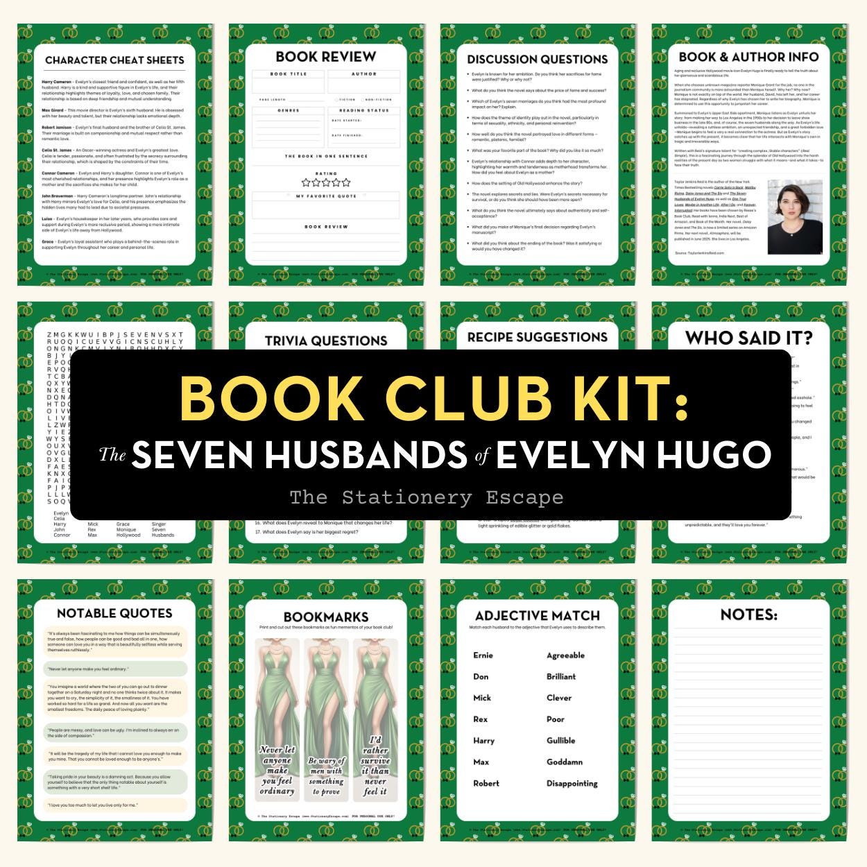 Book Club Kit for 'The Seven Husbands of Evelyn Hugo' by The Stationery Escape with various sheets on a green background.