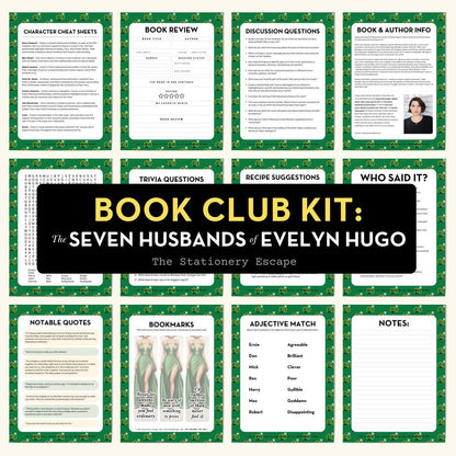 Book Club Kit for 'The Seven Husbands of Evelyn Hugo' by The Stationery Escape with various sheets on a green background.