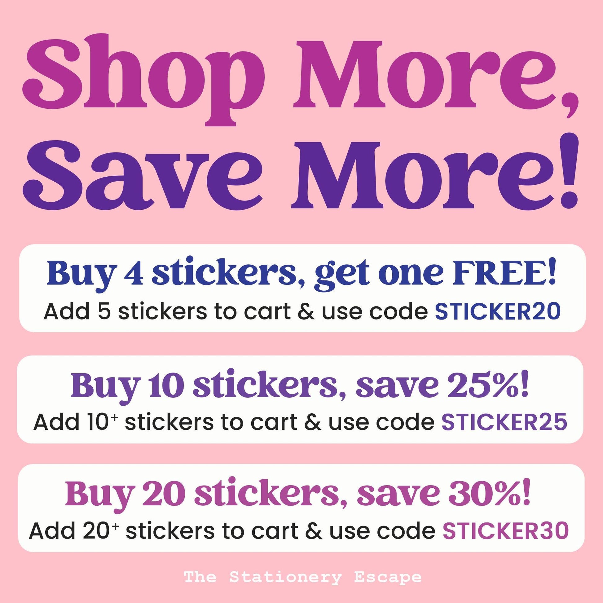 Promotional text for buying stickers with discounts on a pink background