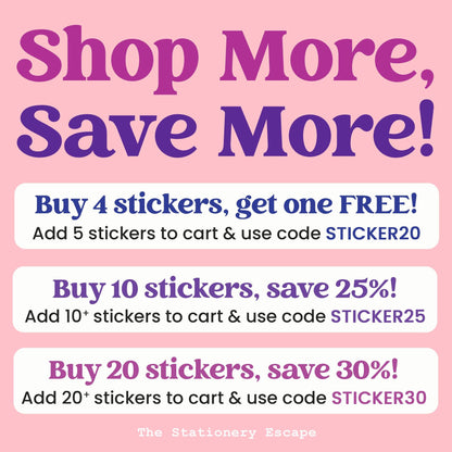 Promotional text for buying stickers with discounts on a pink background